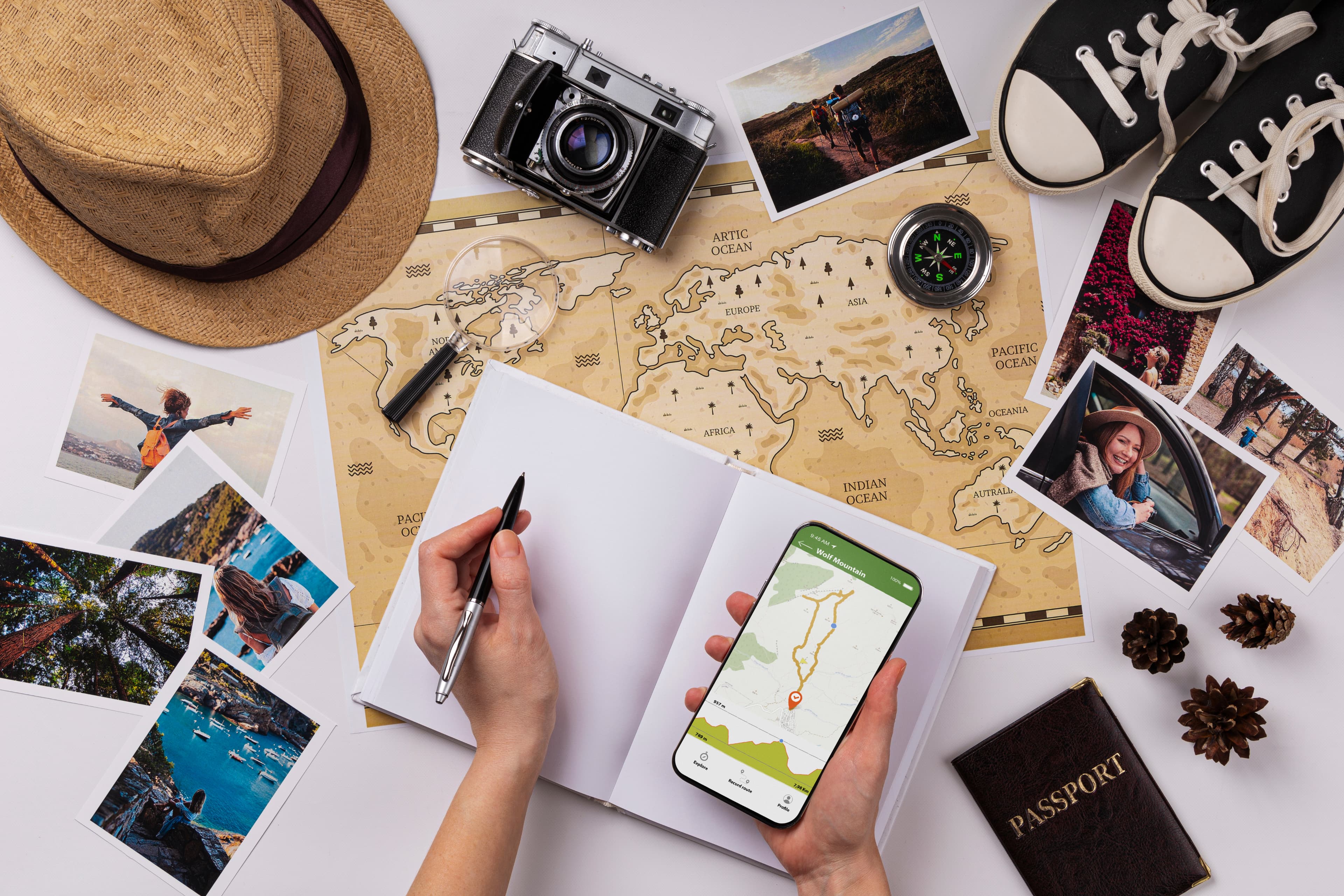 Travel items including a map, camera, and passport